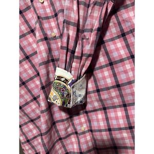 Thomas Dean Pink Plaid Paisley Trim Button Down Shirt 100% Cotton XL Mens